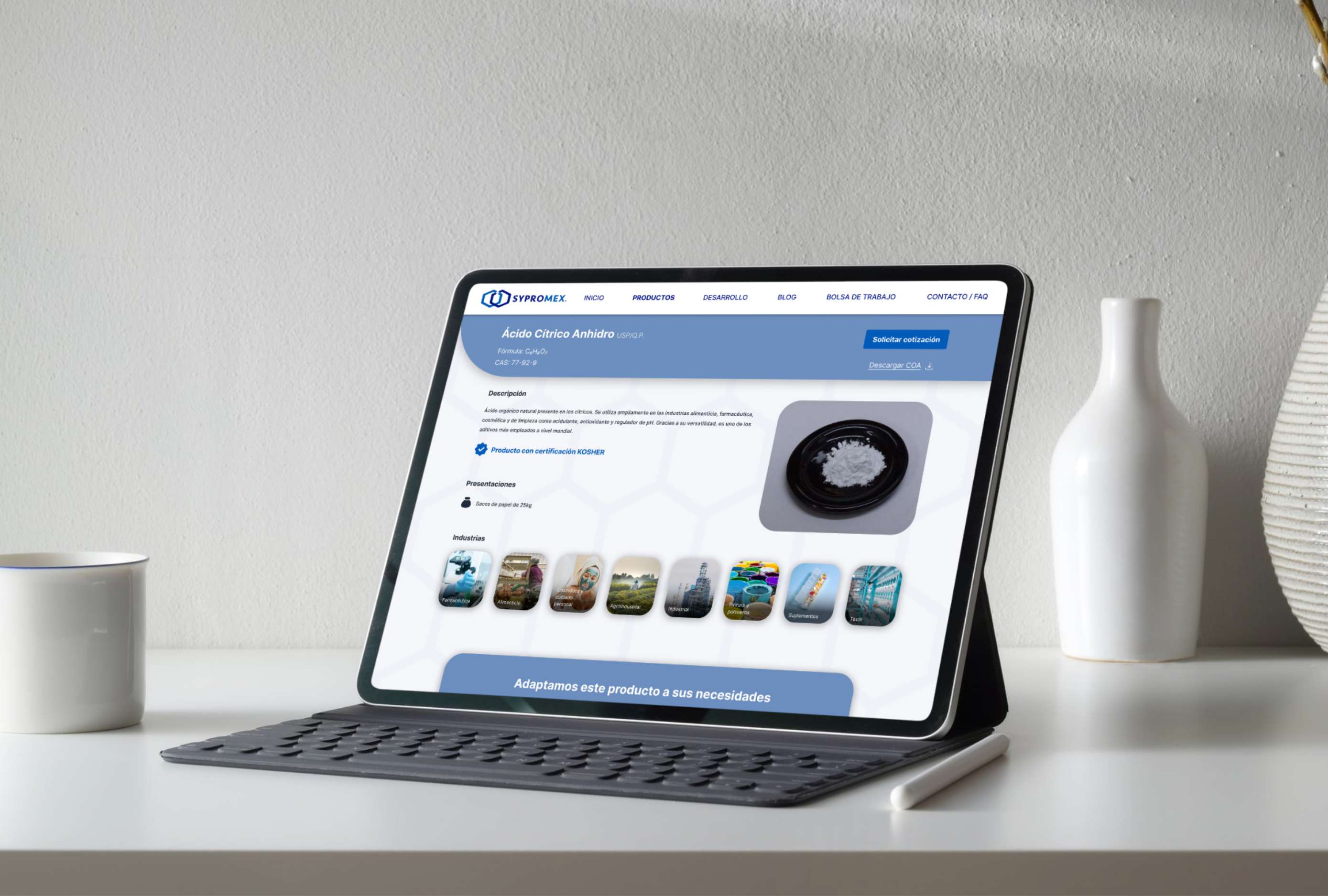 Mockup de página web corporativa para empresa del sector químico mostrando el catálogo de productos.
